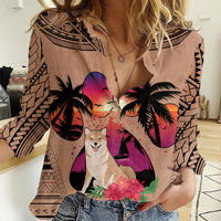 Polynesian Women Casual Shirt Dog Lover With Shiba Inu - Sunset At The Beach Brown Ver - Wonder Print Shop