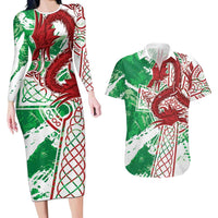Wales Cymru Am Byth Couples Matching Long Sleeve Bodycon Dress and Hawaiian Shirt Celtic Dragon Triskelion - Wonder Print Shop
