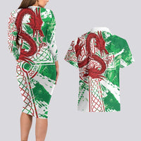 Wales Cymru Am Byth Couples Matching Long Sleeve Bodycon Dress and Hawaiian Shirt Celtic Dragon Triskelion - Wonder Print Shop
