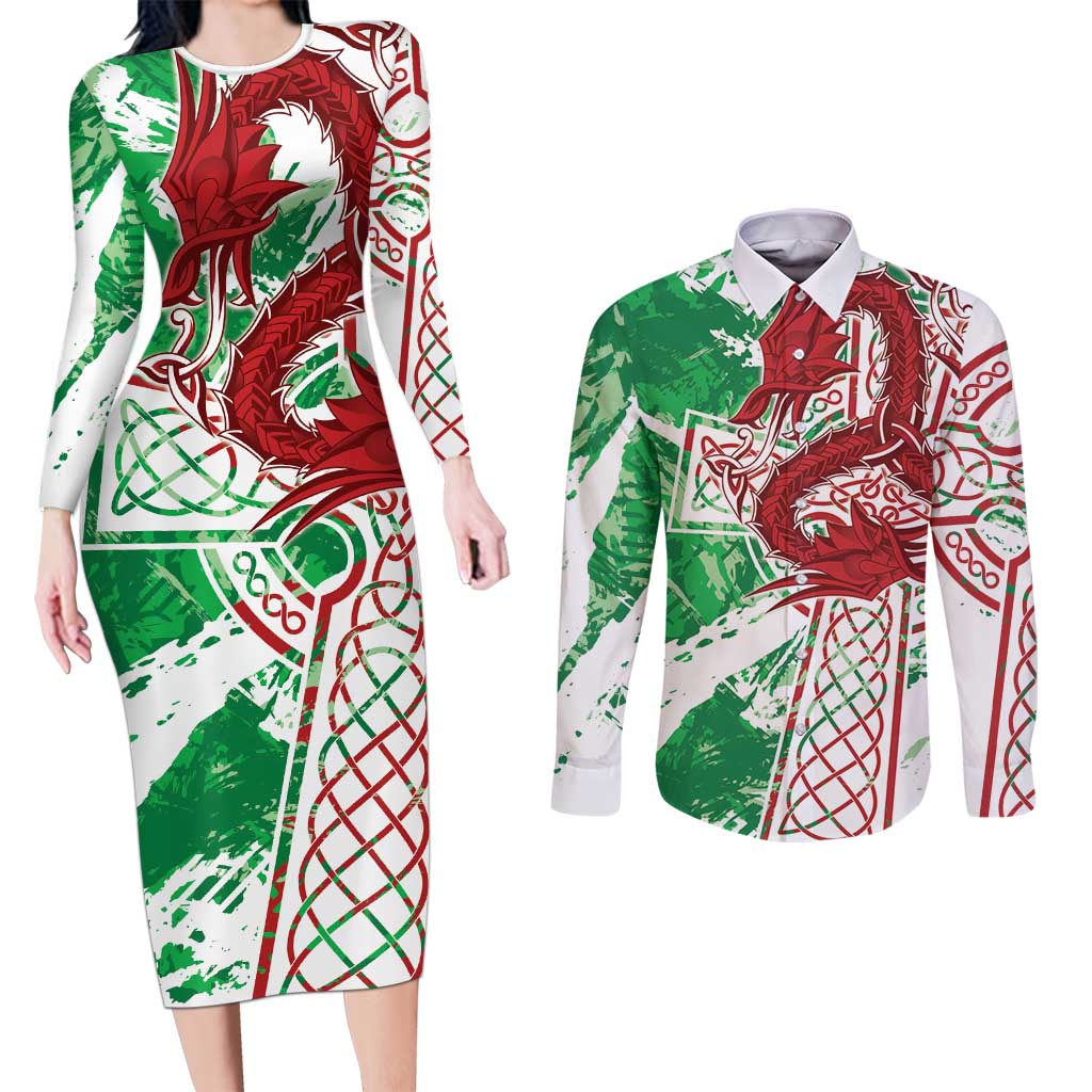 Wales Cymru Am Byth Couples Matching Long Sleeve Bodycon Dress and Long Sleeve Button Shirt Celtic Dragon Triskelion - Wonder Print Shop