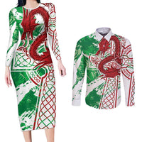 Wales Cymru Am Byth Couples Matching Long Sleeve Bodycon Dress and Long Sleeve Button Shirt Celtic Dragon Triskelion - Wonder Print Shop