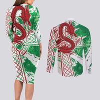 Wales Cymru Am Byth Couples Matching Long Sleeve Bodycon Dress and Long Sleeve Button Shirt Celtic Dragon Triskelion - Wonder Print Shop