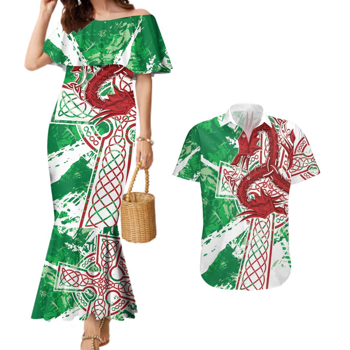 Wales Cymru Am Byth Couples Matching Mermaid Dress and Hawaiian Shirt Celtic Dragon Triskelion - Wonder Print Shop