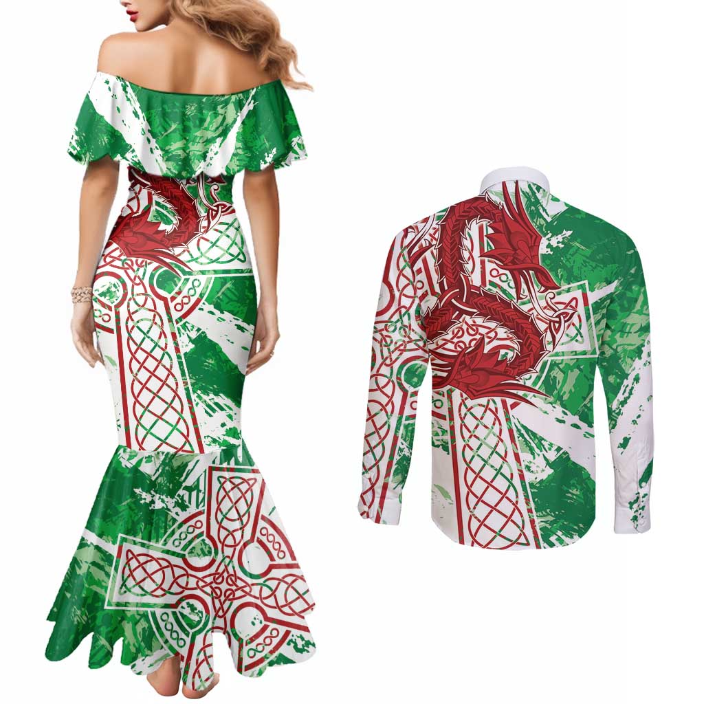 Wales Cymru Am Byth Couples Matching Mermaid Dress and Long Sleeve Button Shirt Celtic Dragon Triskelion - Wonder Print Shop