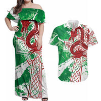 Wales Cymru Am Byth Couples Matching Off Shoulder Maxi Dress and Hawaiian Shirt Celtic Dragon Triskelion - Wonder Print Shop