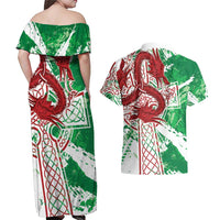 Wales Cymru Am Byth Couples Matching Off Shoulder Maxi Dress and Hawaiian Shirt Celtic Dragon Triskelion - Wonder Print Shop