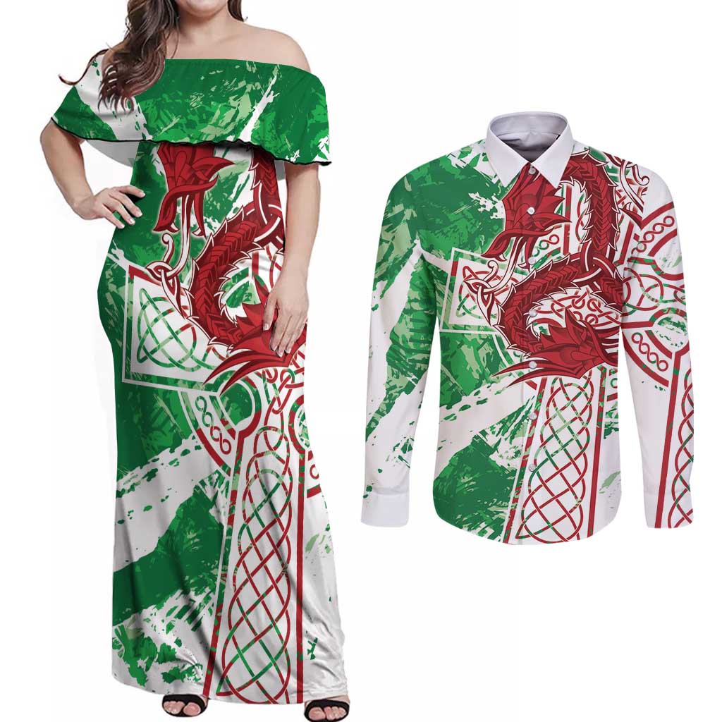 Wales Cymru Am Byth Couples Matching Off Shoulder Maxi Dress and Long Sleeve Button Shirt Celtic Dragon Triskelion - Wonder Print Shop