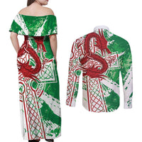 Wales Cymru Am Byth Couples Matching Off Shoulder Maxi Dress and Long Sleeve Button Shirt Celtic Dragon Triskelion - Wonder Print Shop