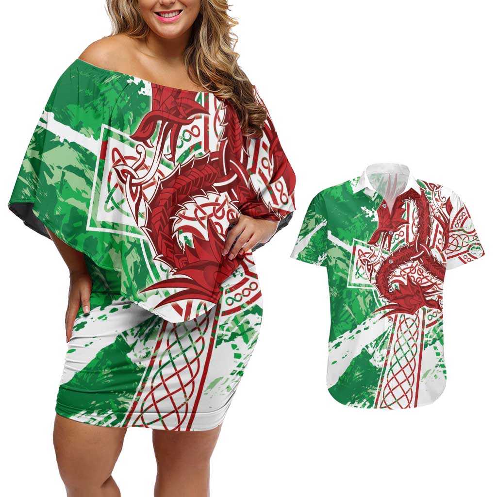 Wales Cymru Am Byth Couples Matching Off Shoulder Short Dress and Hawaiian Shirt Celtic Dragon Triskelion - Wonder Print Shop