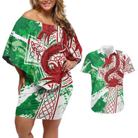 Wales Cymru Am Byth Couples Matching Off Shoulder Short Dress and Hawaiian Shirt Celtic Dragon Triskelion - Wonder Print Shop