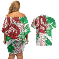 Wales Cymru Am Byth Couples Matching Off Shoulder Short Dress and Hawaiian Shirt Celtic Dragon Triskelion - Wonder Print Shop
