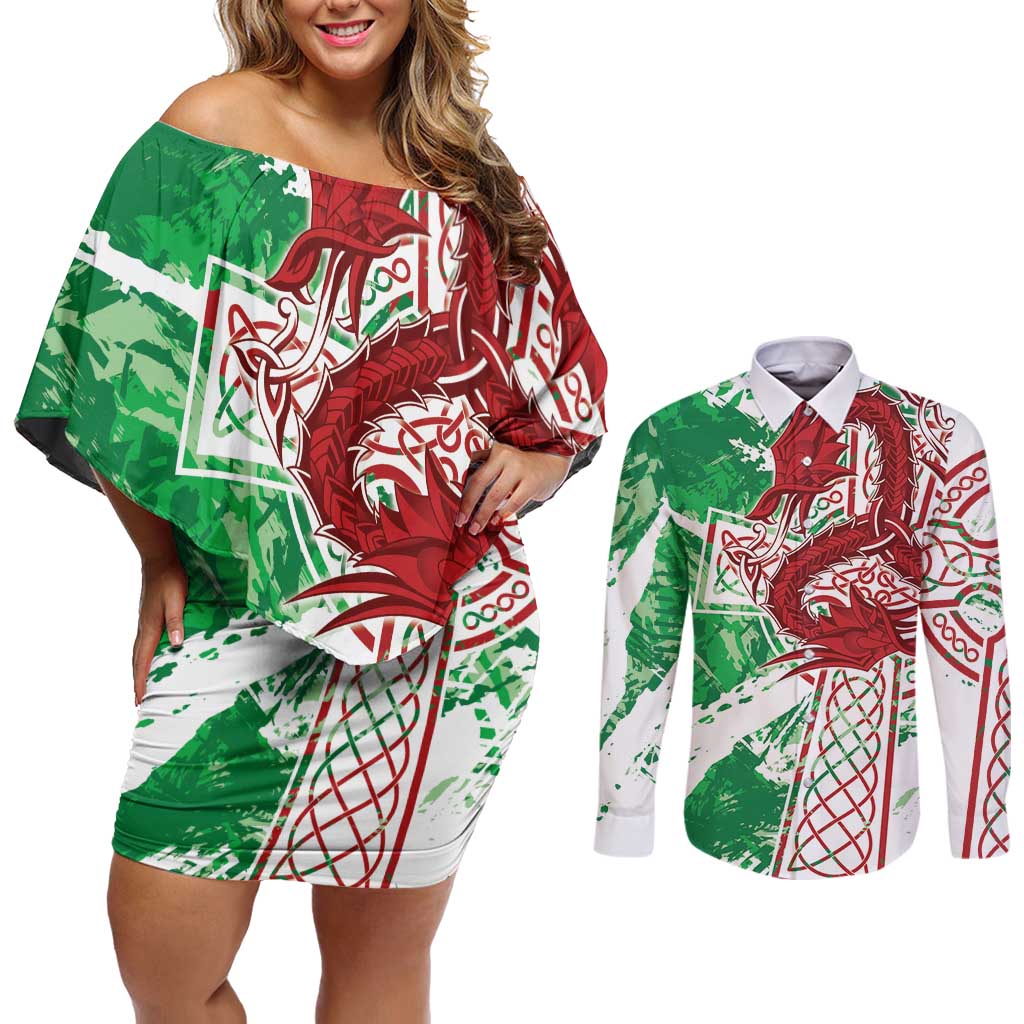 Wales Cymru Am Byth Couples Matching Off Shoulder Short Dress and Long Sleeve Button Shirt Celtic Dragon Triskelion - Wonder Print Shop