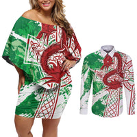 Wales Cymru Am Byth Couples Matching Off Shoulder Short Dress and Long Sleeve Button Shirt Celtic Dragon Triskelion - Wonder Print Shop