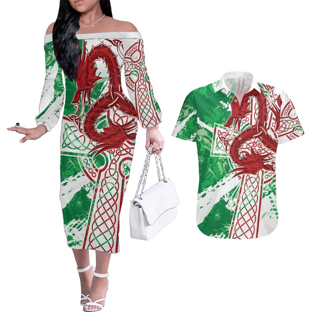 Wales Cymru Am Byth Couples Matching Off The Shoulder Long Sleeve Dress and Hawaiian Shirt Celtic Dragon Triskelion - Wonder Print Shop