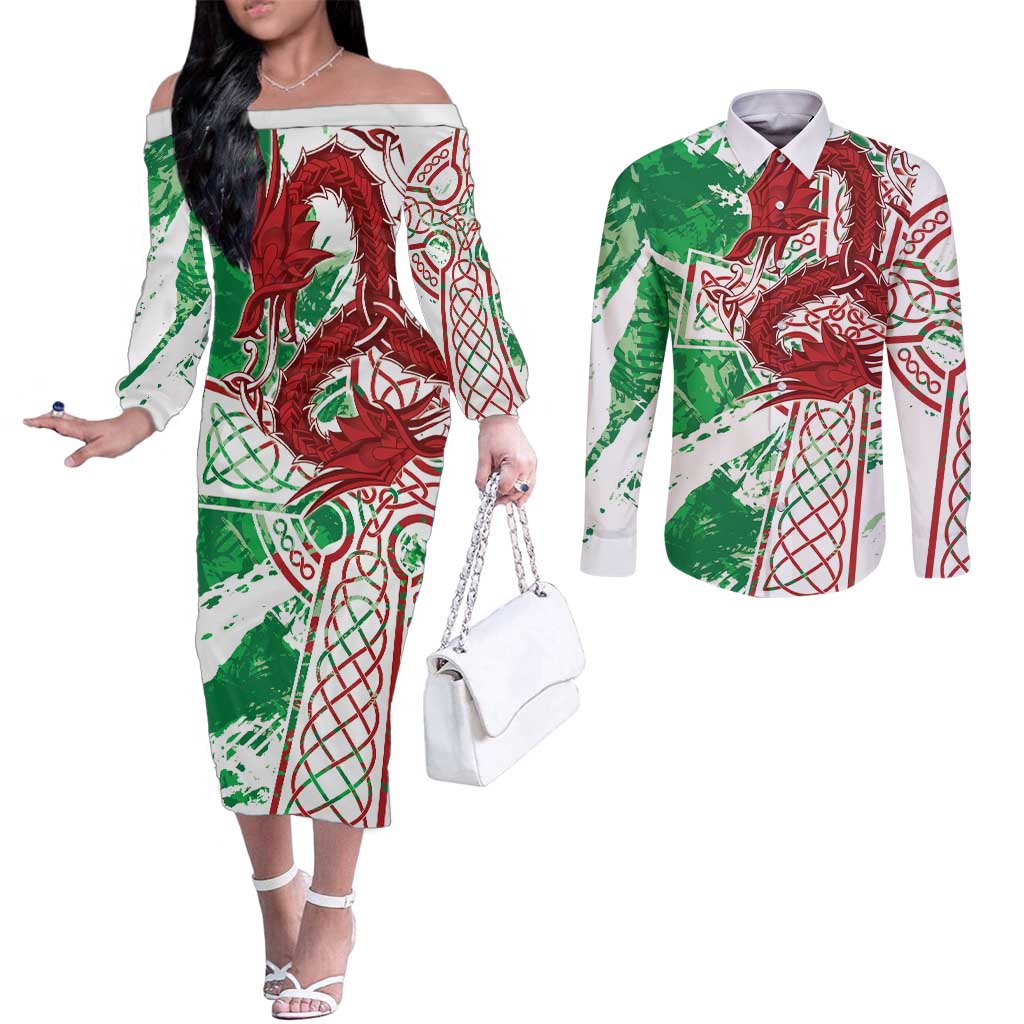 Wales Cymru Am Byth Couples Matching Off The Shoulder Long Sleeve Dress and Long Sleeve Button Shirt Celtic Dragon Triskelion - Wonder Print Shop