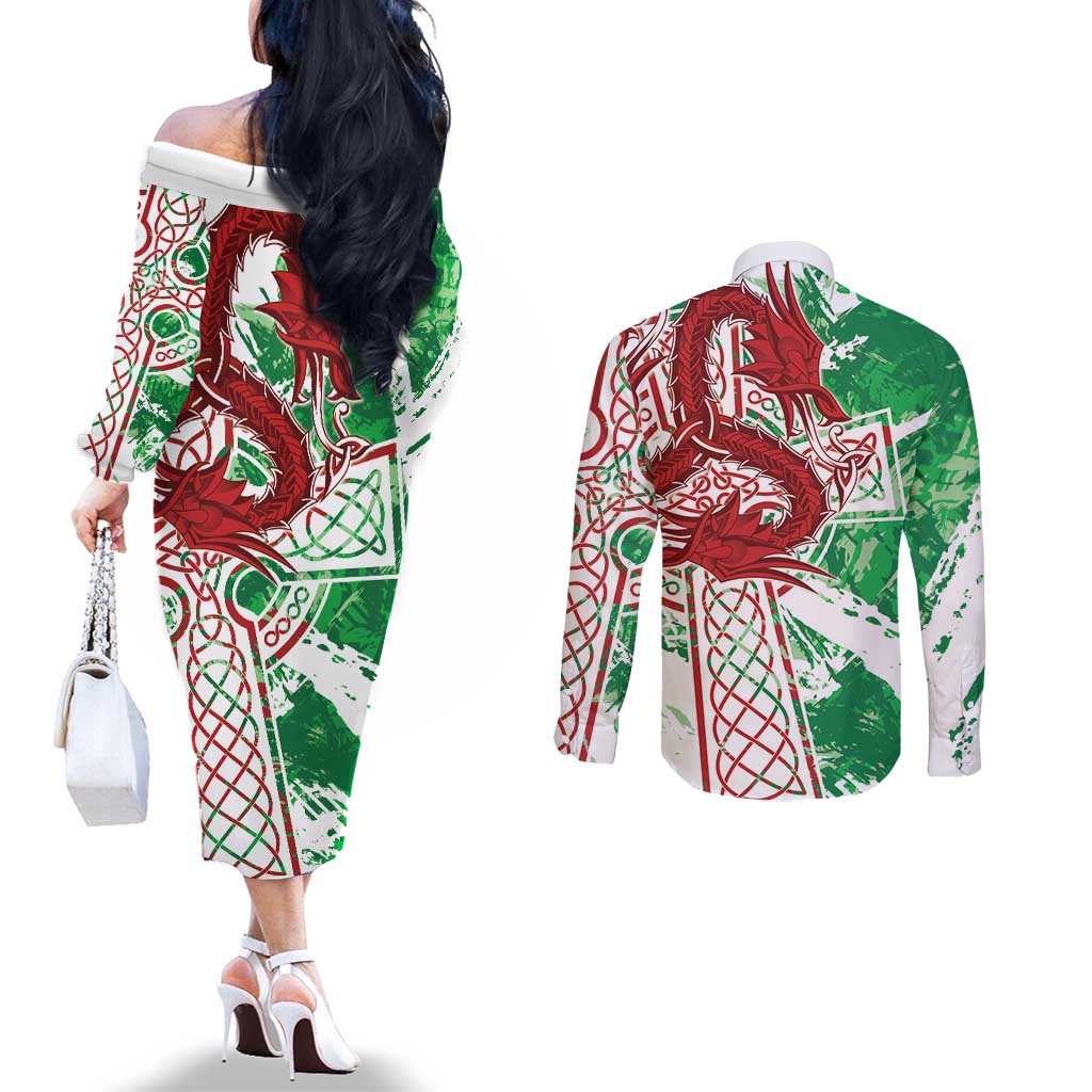 Wales Cymru Am Byth Couples Matching Off The Shoulder Long Sleeve Dress and Long Sleeve Button Shirt Celtic Dragon Triskelion - Wonder Print Shop