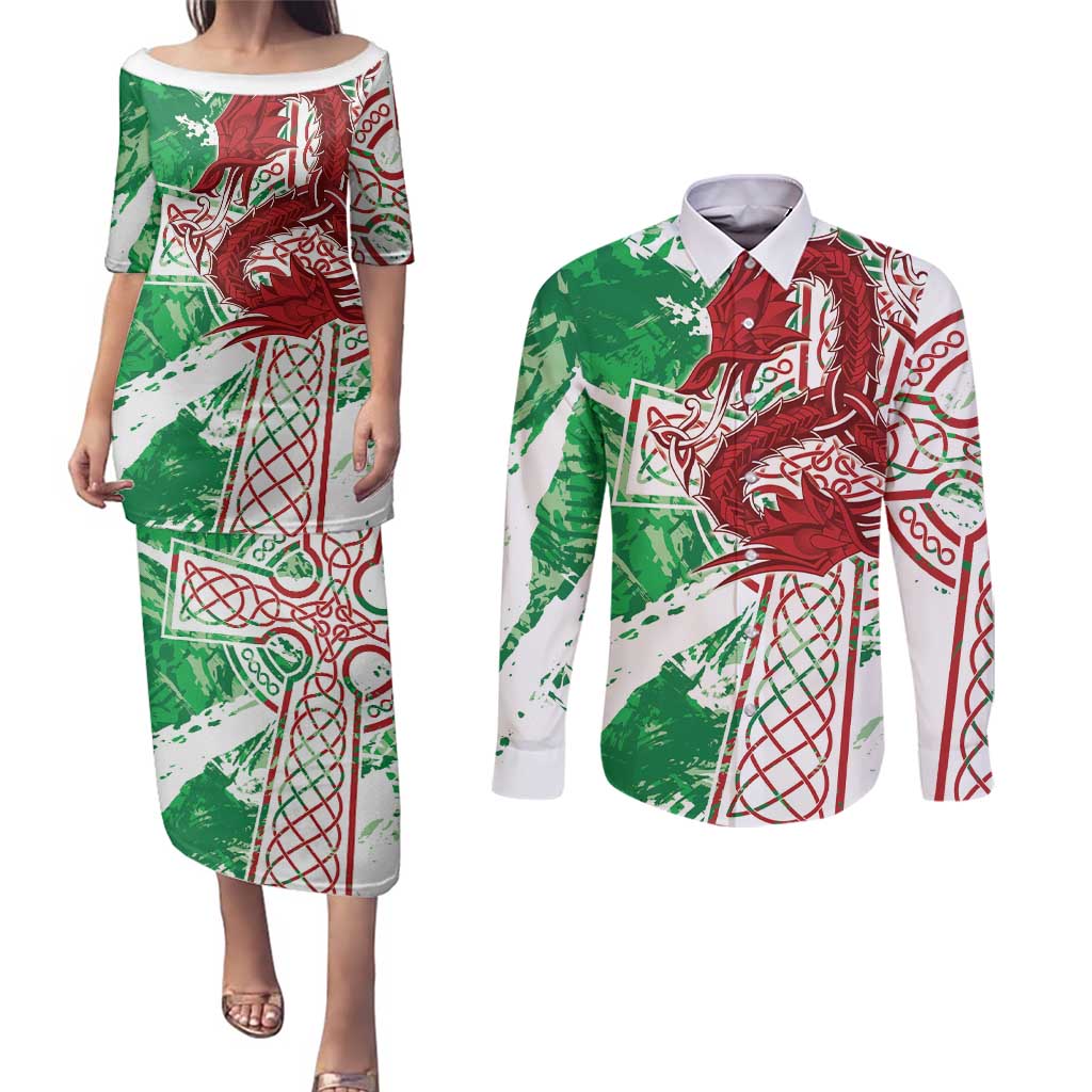 Wales Cymru Am Byth Couples Matching Puletasi and Long Sleeve Button Shirt Celtic Dragon Triskelion - Wonder Print Shop