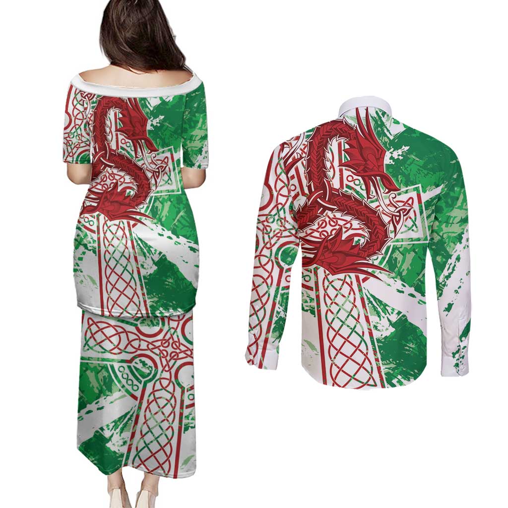 Wales Cymru Am Byth Couples Matching Puletasi and Long Sleeve Button Shirt Celtic Dragon Triskelion - Wonder Print Shop