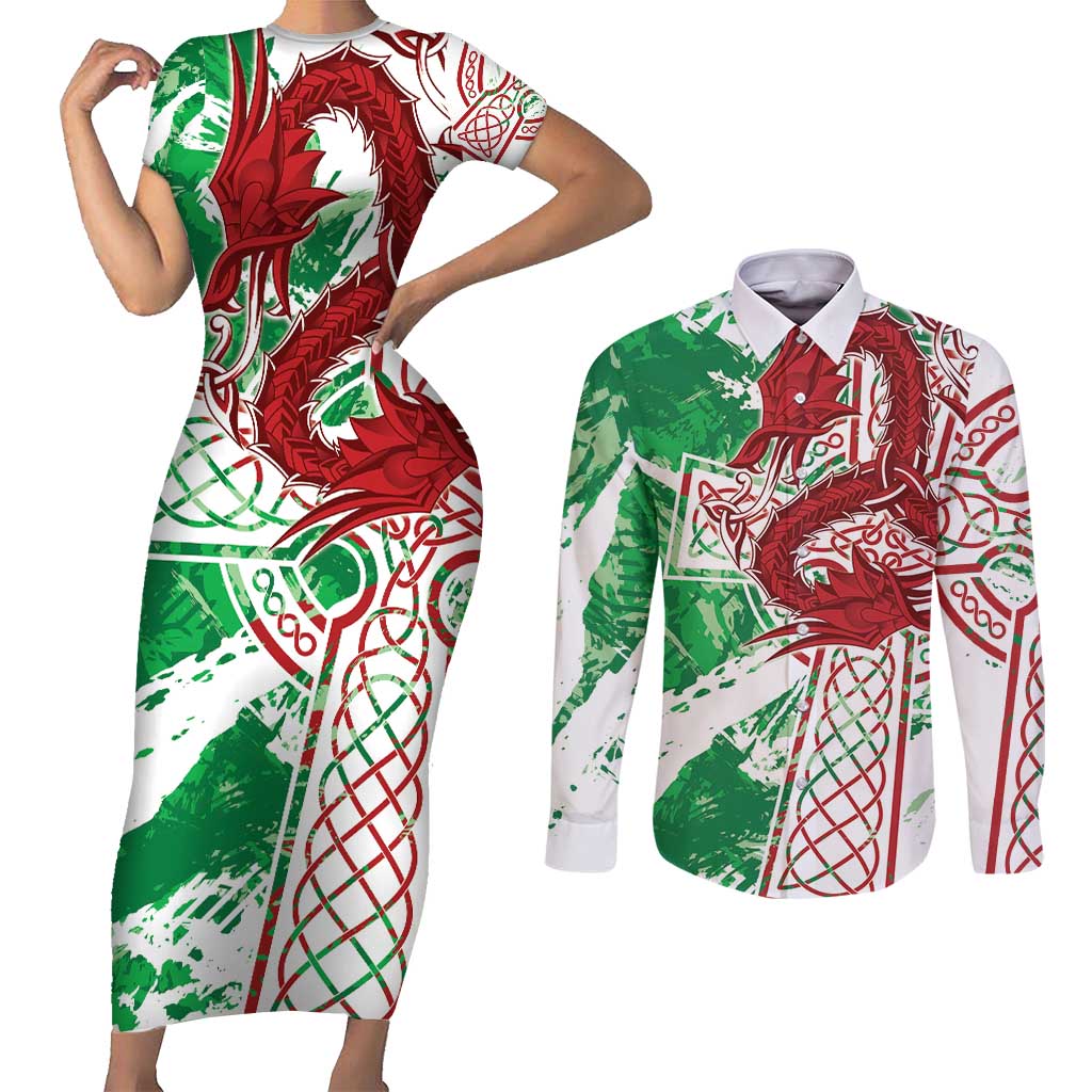 Wales Cymru Am Byth Couples Matching Short Sleeve Bodycon Dress and Long Sleeve Button Shirt Celtic Dragon Triskelion - Wonder Print Shop