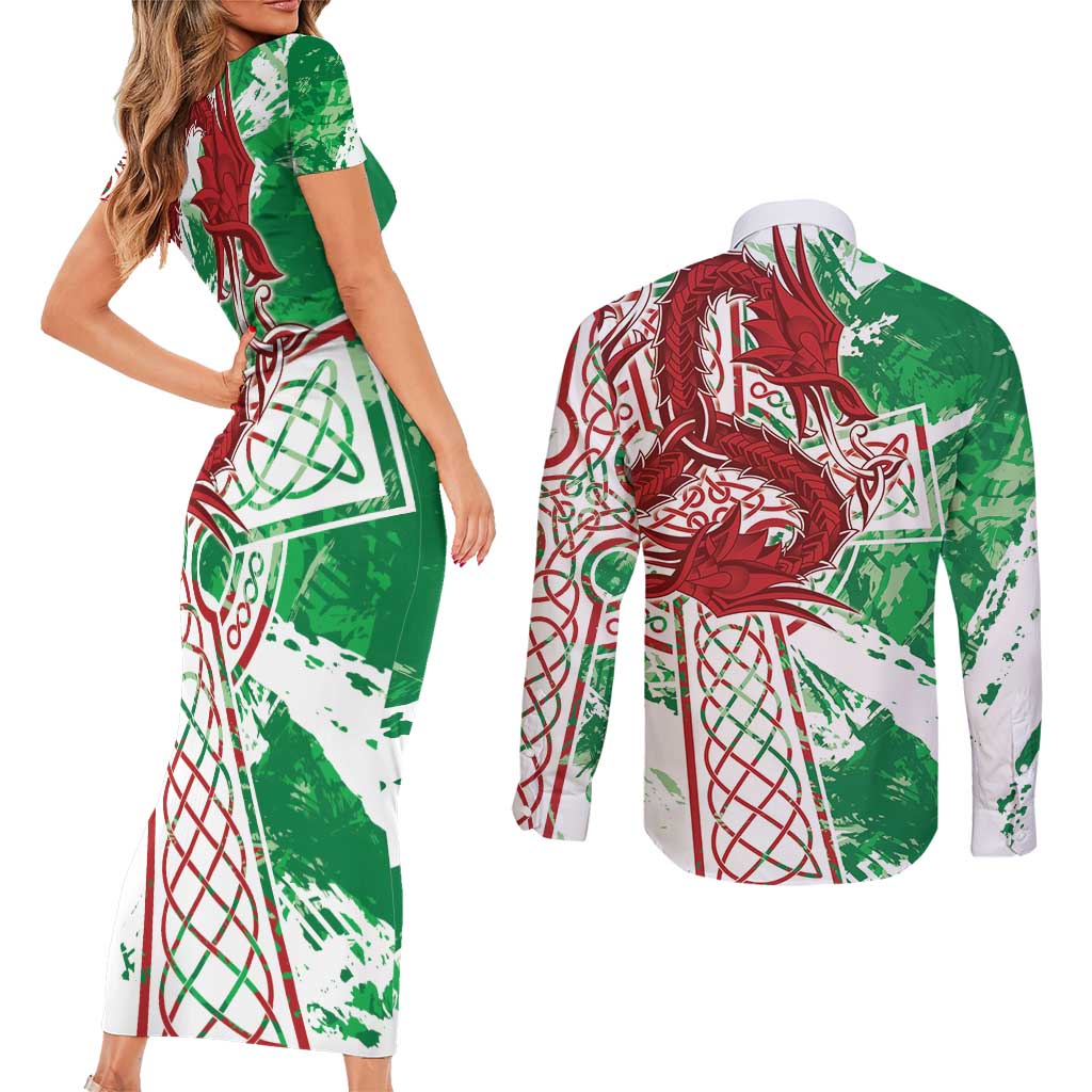 Wales Cymru Am Byth Couples Matching Short Sleeve Bodycon Dress and Long Sleeve Button Shirt Celtic Dragon Triskelion - Wonder Print Shop