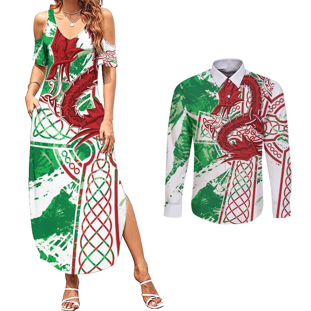 Wales Cymru Am Byth Couples Matching Summer Maxi Dress and Long Sleeve Button Shirt Celtic Dragon Triskelion - Wonder Print Shop