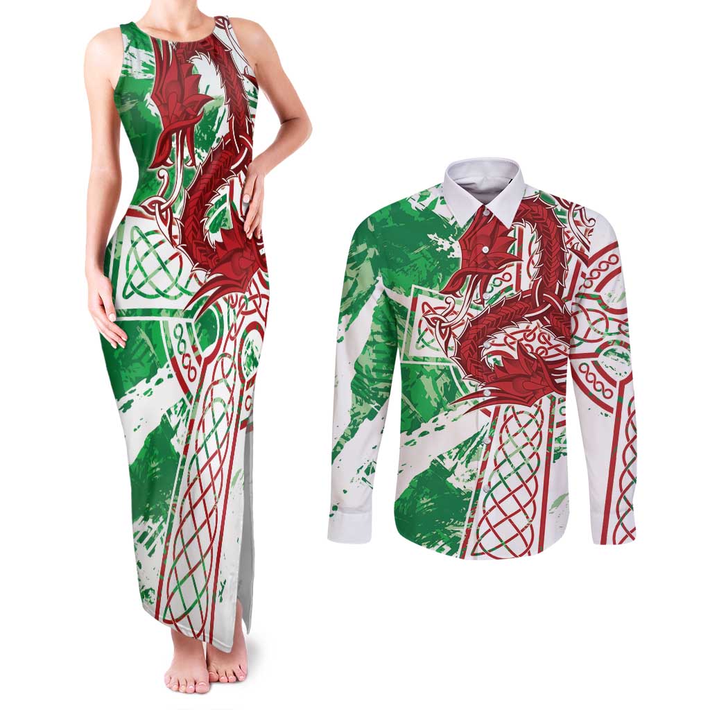 Wales Cymru Am Byth Couples Matching Tank Maxi Dress and Long Sleeve Button Shirt Celtic Dragon Triskelion - Wonder Print Shop