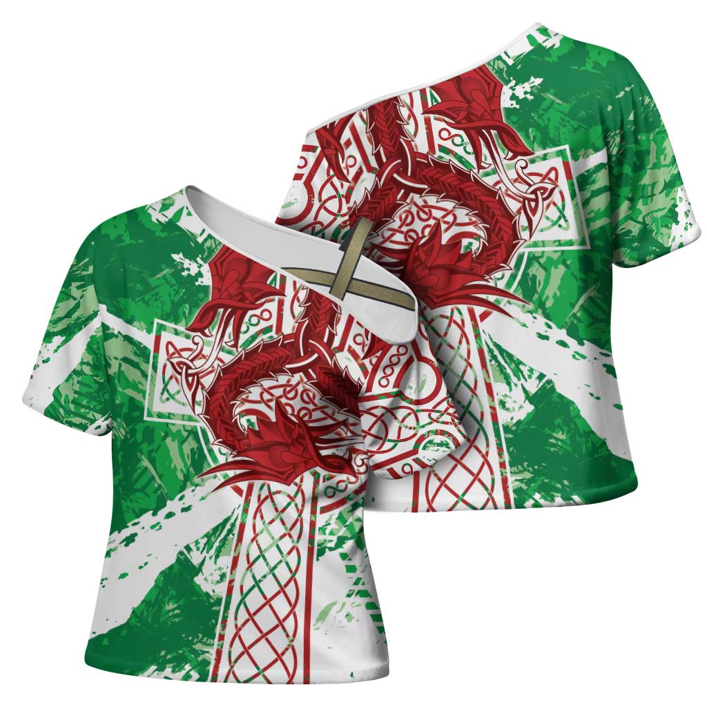 Wales Cymru Am Byth Cross Shoulder Shirt Celtic Dragon Triskelion - Wonder Print Shop