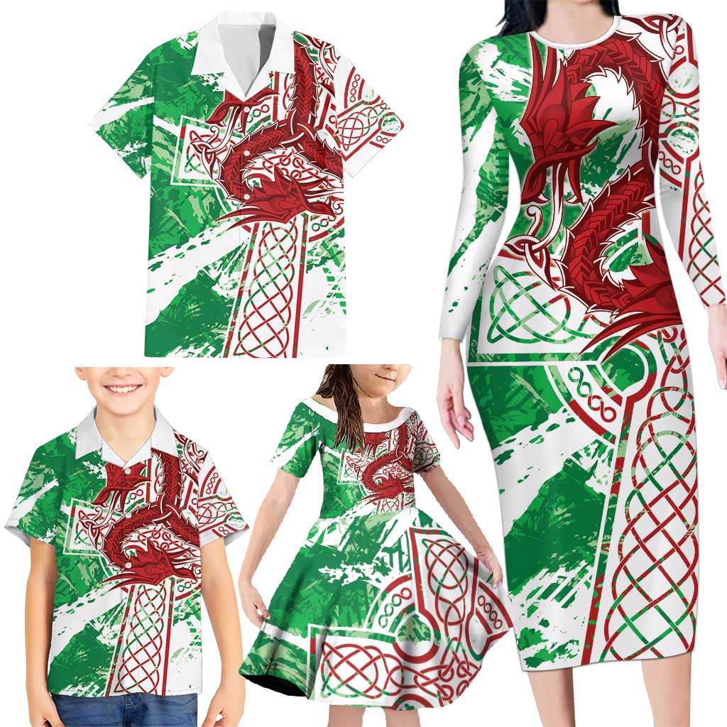 Wales Cymru Am Byth Family Matching Long Sleeve Bodycon Dress and Hawaiian Shirt Celtic Dragon Triskelion - Wonder Print Shop