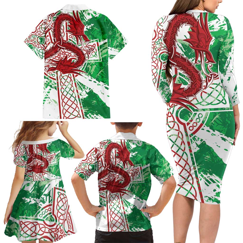 Wales Cymru Am Byth Family Matching Long Sleeve Bodycon Dress and Hawaiian Shirt Celtic Dragon Triskelion - Wonder Print Shop