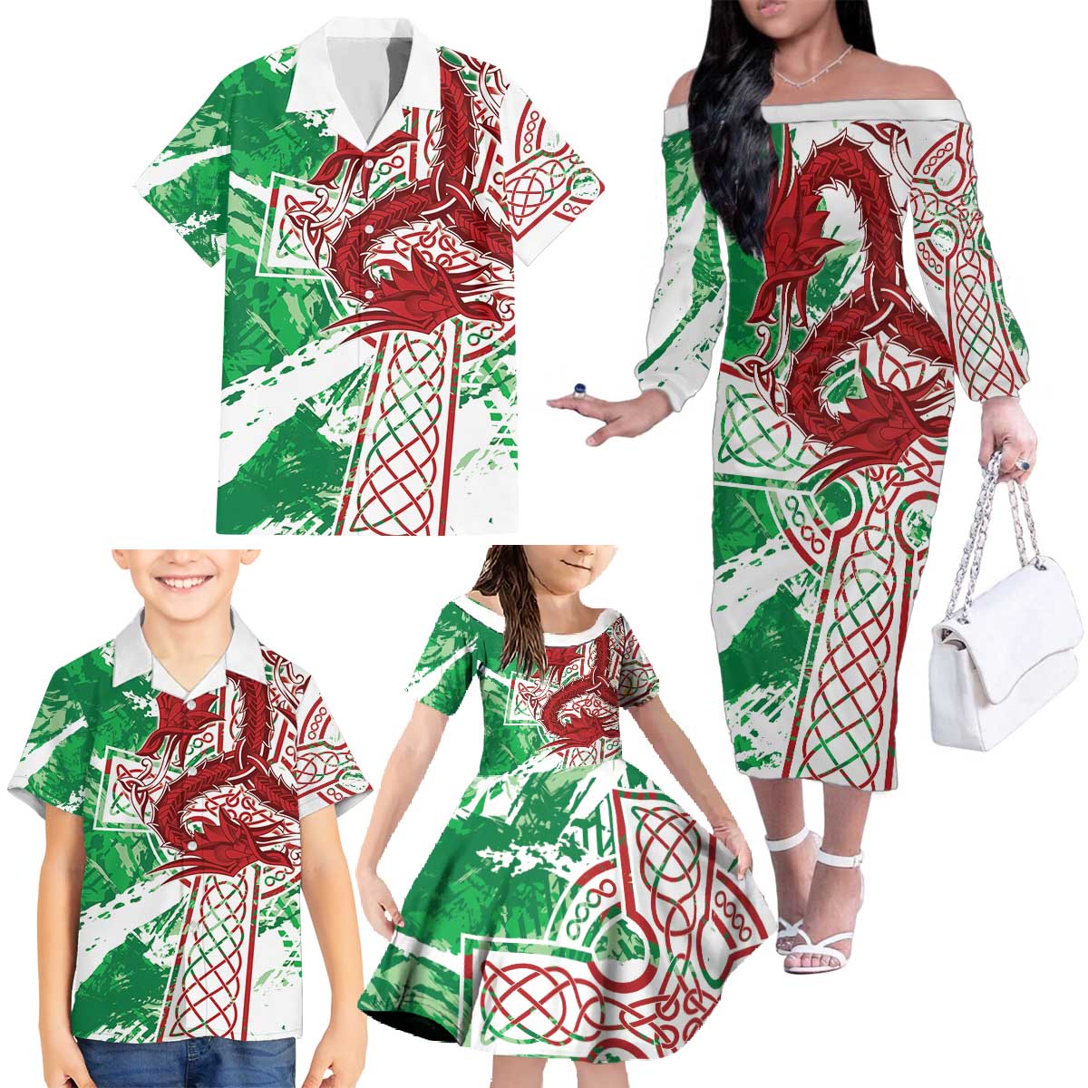 Wales Cymru Am Byth Family Matching Off The Shoulder Long Sleeve Dress and Hawaiian Shirt Celtic Dragon Triskelion - Wonder Print Shop