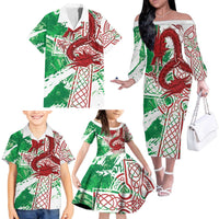 Wales Cymru Am Byth Family Matching Off The Shoulder Long Sleeve Dress and Hawaiian Shirt Celtic Dragon Triskelion - Wonder Print Shop