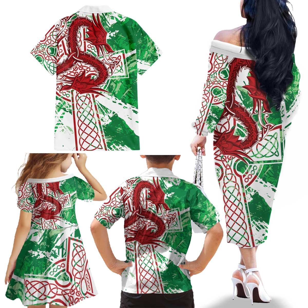 Wales Cymru Am Byth Family Matching Off The Shoulder Long Sleeve Dress and Hawaiian Shirt Celtic Dragon Triskelion - Wonder Print Shop