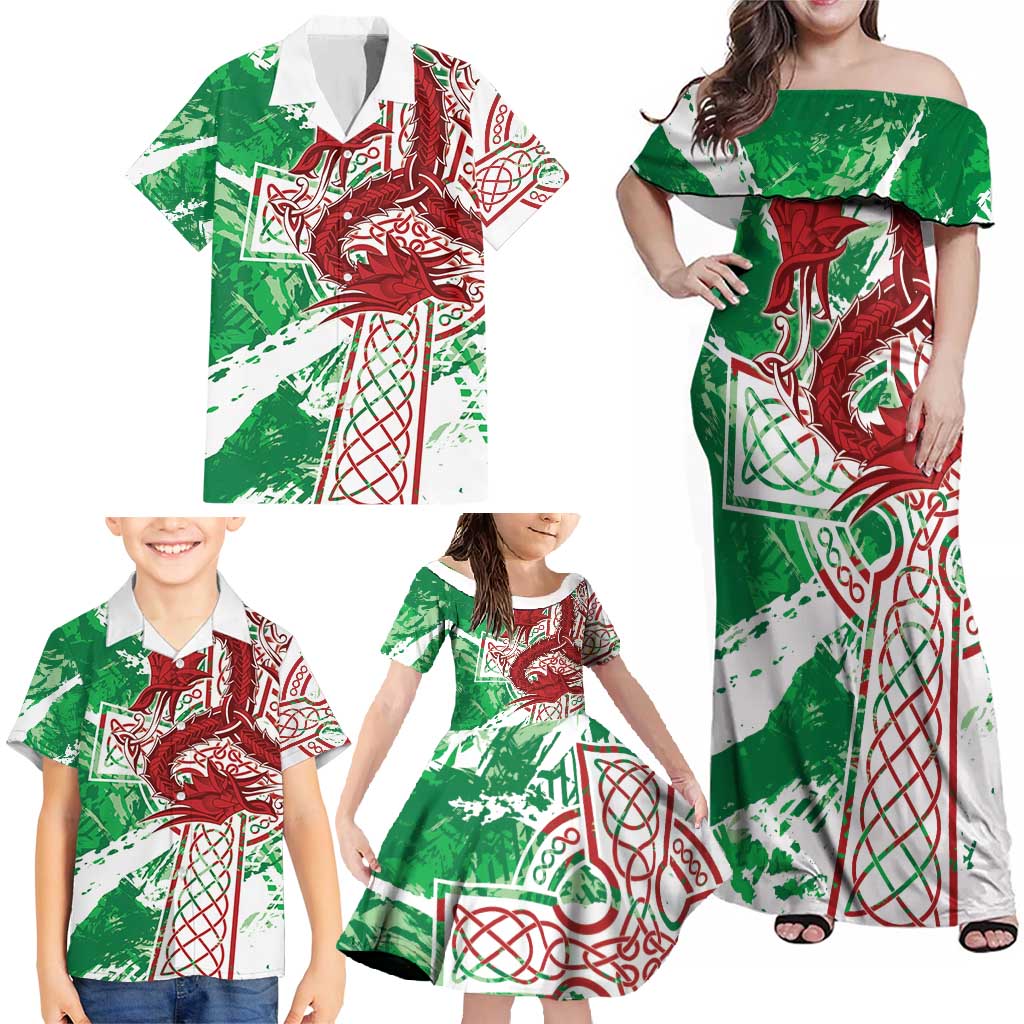 Wales Cymru Am Byth Family Matching Off Shoulder Maxi Dress and Hawaiian Shirt Celtic Dragon Triskelion - Wonder Print Shop
