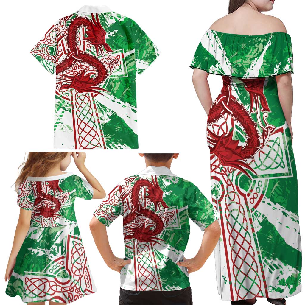 Wales Cymru Am Byth Family Matching Off Shoulder Maxi Dress and Hawaiian Shirt Celtic Dragon Triskelion - Wonder Print Shop