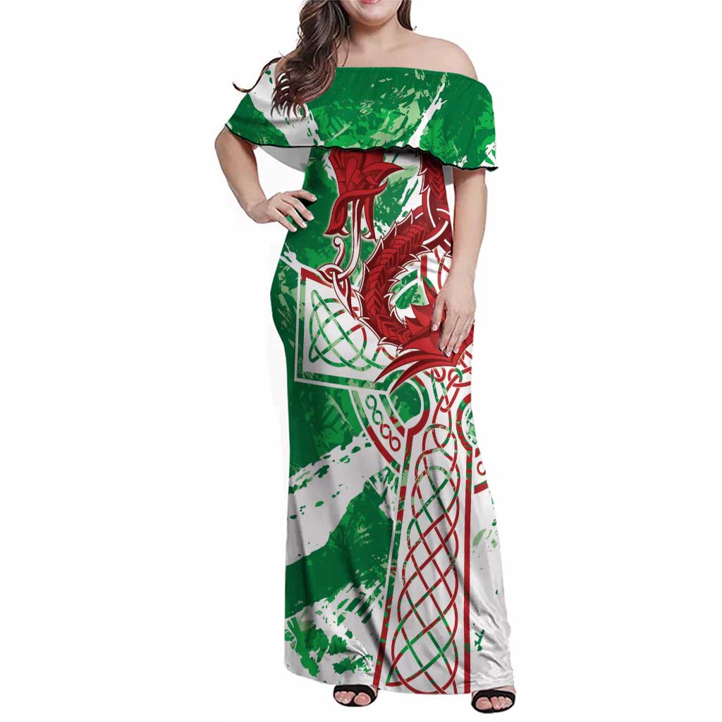 Wales Cymru Am Byth Family Matching Off Shoulder Maxi Dress and Hawaiian Shirt Celtic Dragon Triskelion - Wonder Print Shop