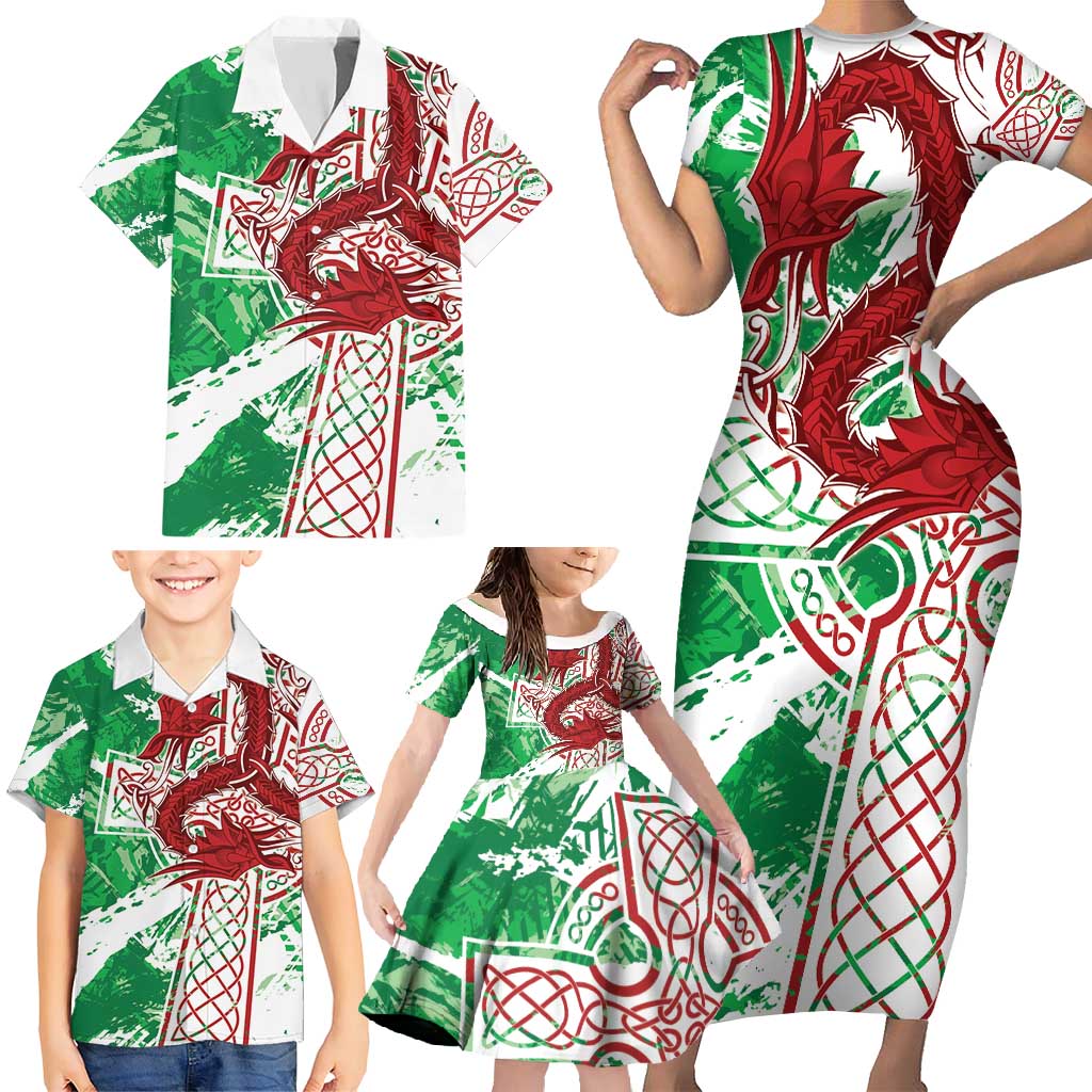 Wales Cymru Am Byth Family Matching Short Sleeve Bodycon Dress and Hawaiian Shirt Celtic Dragon Triskelion - Wonder Print Shop