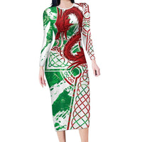 Wales Cymru Am Byth Long Sleeve Bodycon Dress Celtic Dragon Triskelion - Wonder Print Shop