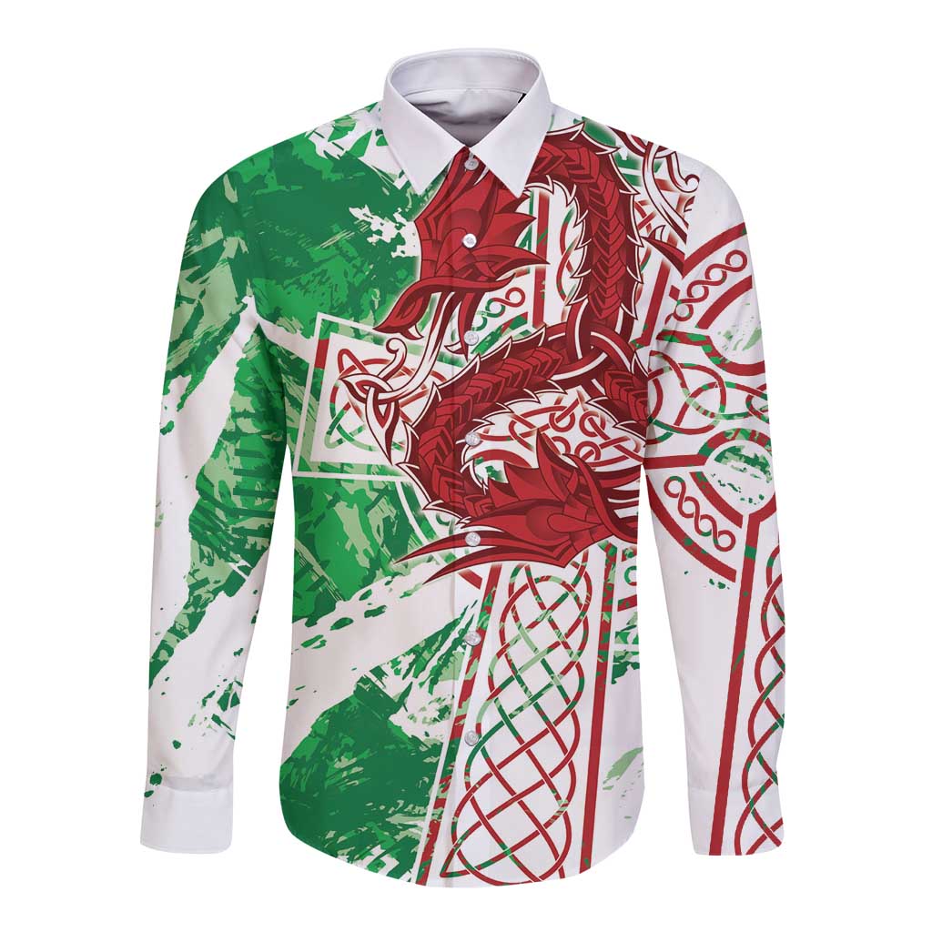 Wales Cymru Am Byth Long Sleeve Button Shirt Celtic Dragon Triskelion - Wonder Print Shop