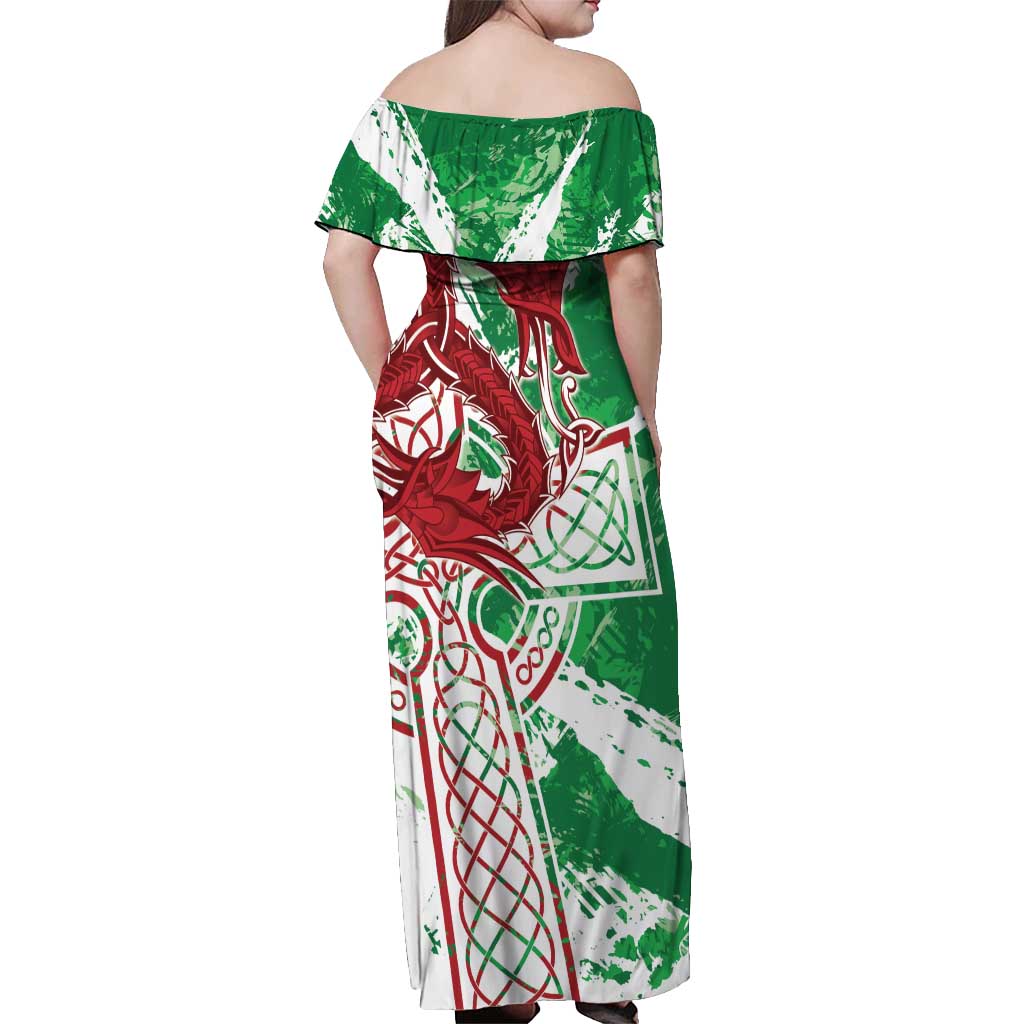 Wales Cymru Am Byth Off Shoulder Maxi Dress Celtic Dragon Triskelion - Wonder Print Shop
