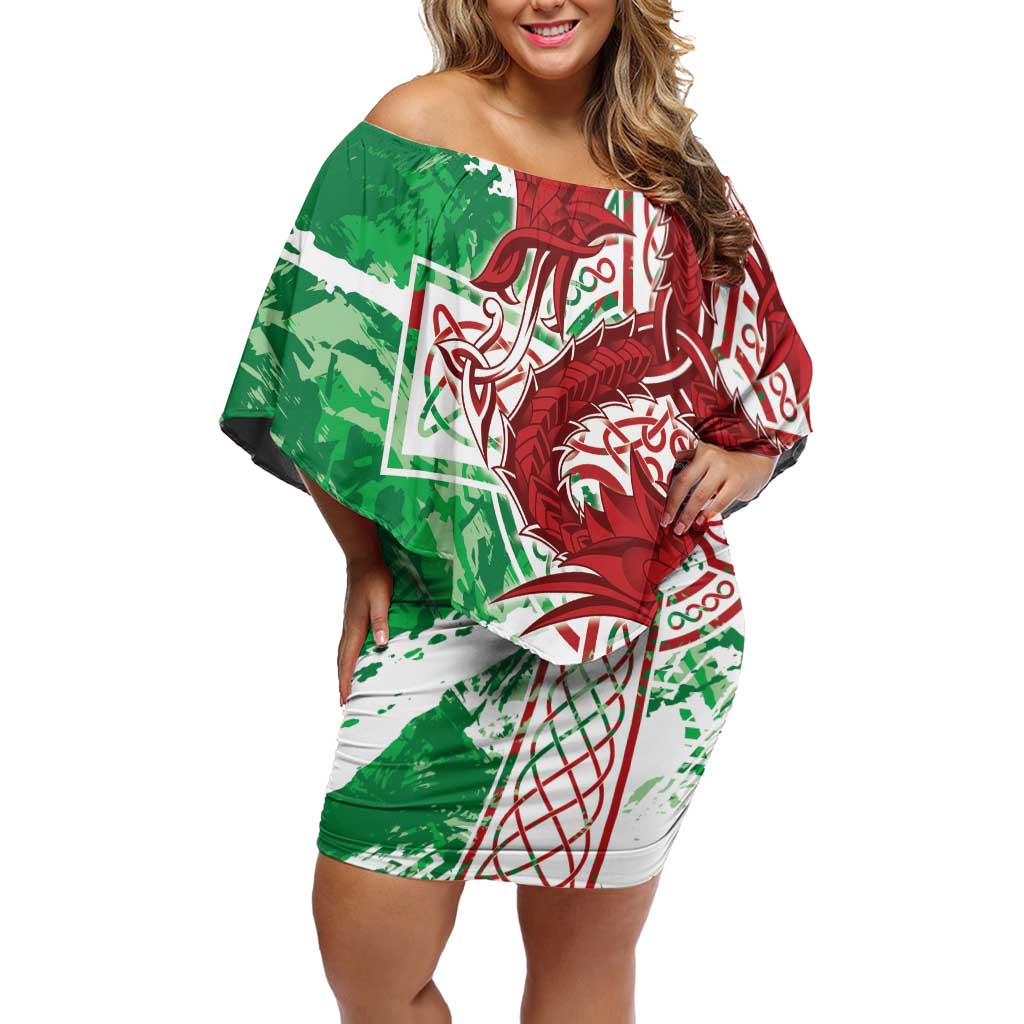 Wales Cymru Am Byth Off Shoulder Short Dress Celtic Dragon Triskelion - Wonder Print Shop