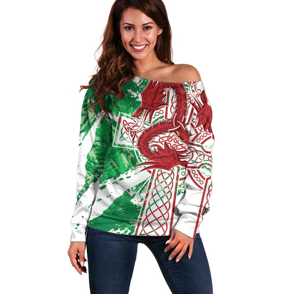 Wales Cymru Am Byth Off Shoulder Sweater Celtic Dragon Triskelion - Wonder Print Shop