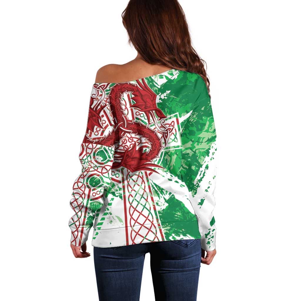 Wales Cymru Am Byth Off Shoulder Sweater Celtic Dragon Triskelion - Wonder Print Shop