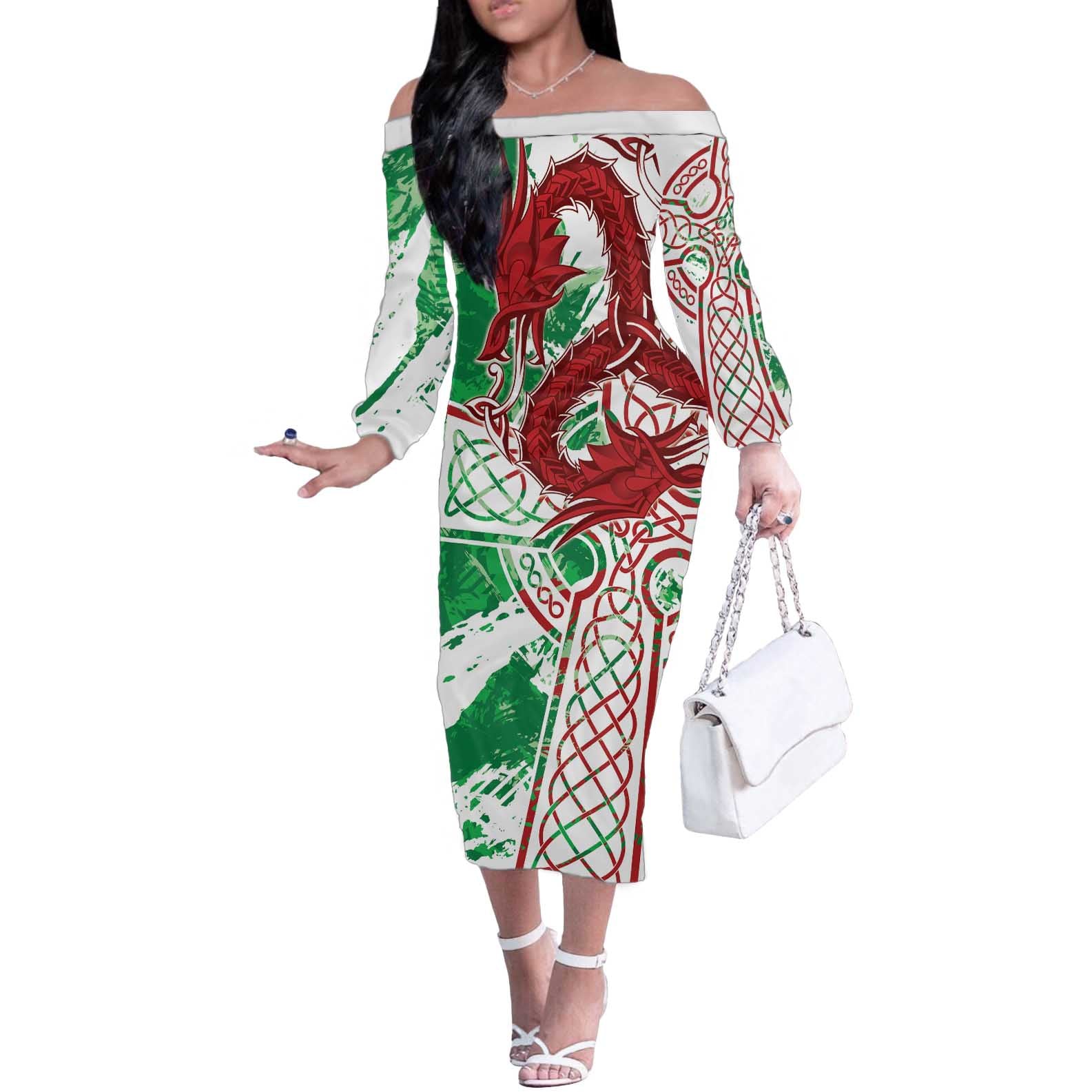 Wales Cymru Am Byth Off The Shoulder Long Sleeve Dress Celtic Dragon Triskelion - Wonder Print Shop