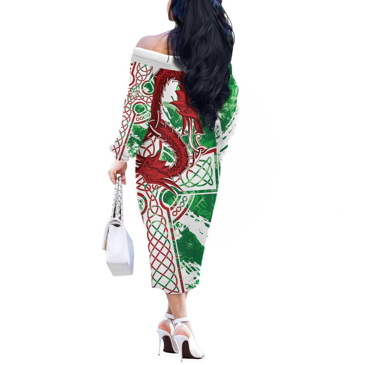 Wales Cymru Am Byth Off The Shoulder Long Sleeve Dress Celtic Dragon Triskelion - Wonder Print Shop