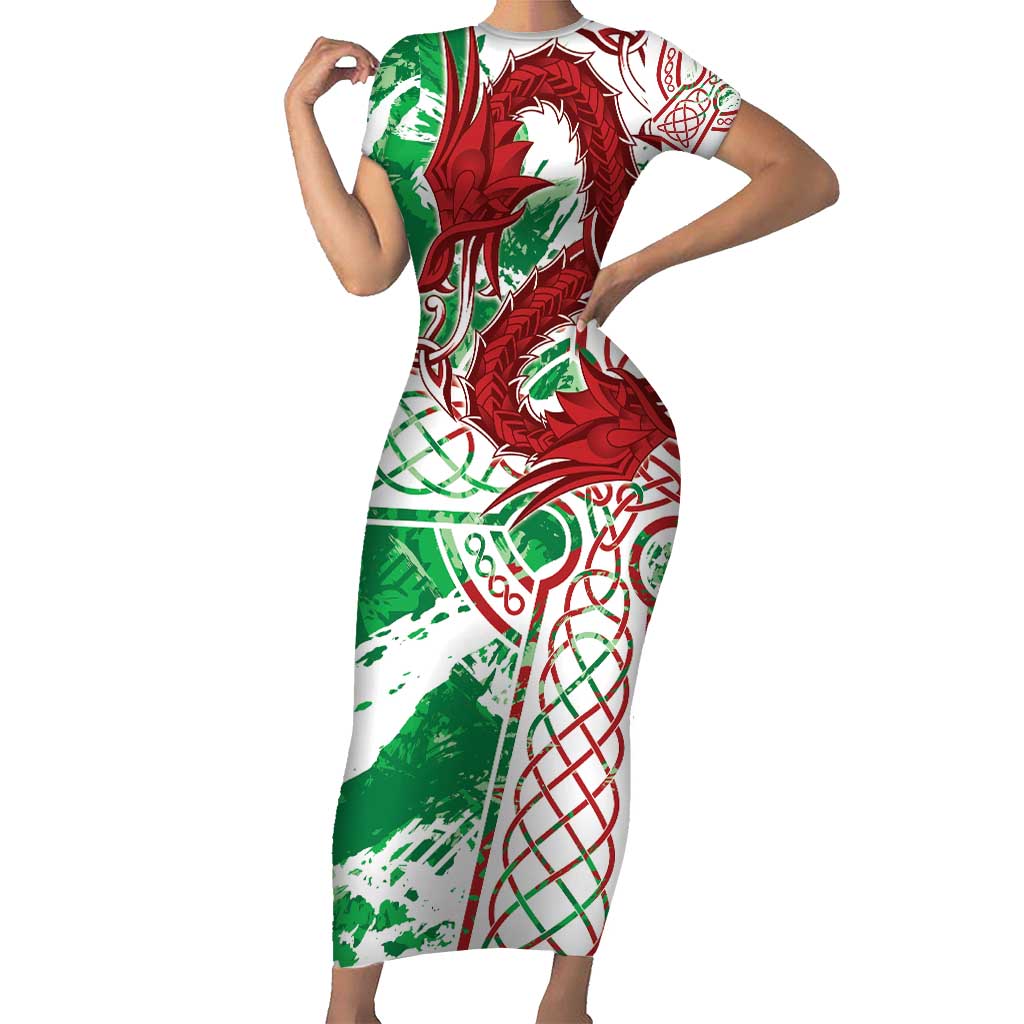 Wales Cymru Am Byth Short Sleeve Bodycon Dress Celtic Dragon Triskelion - Wonder Print Shop