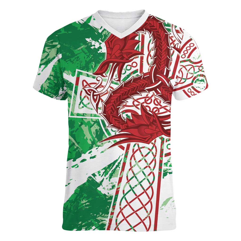 Wales Cymru Am Byth Women V-Neck T-Shirt Celtic Dragon Triskelion - Wonder Print Shop