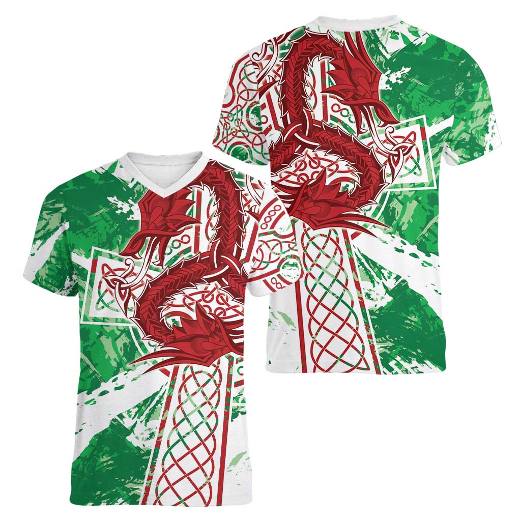 Wales Cymru Am Byth Women V-Neck T-Shirt Celtic Dragon Triskelion - Wonder Print Shop