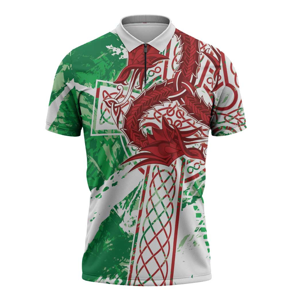 Wales Cymru Am Byth Zipper Polo Shirt Celtic Dragon Triskelion - Wonder Print Shop