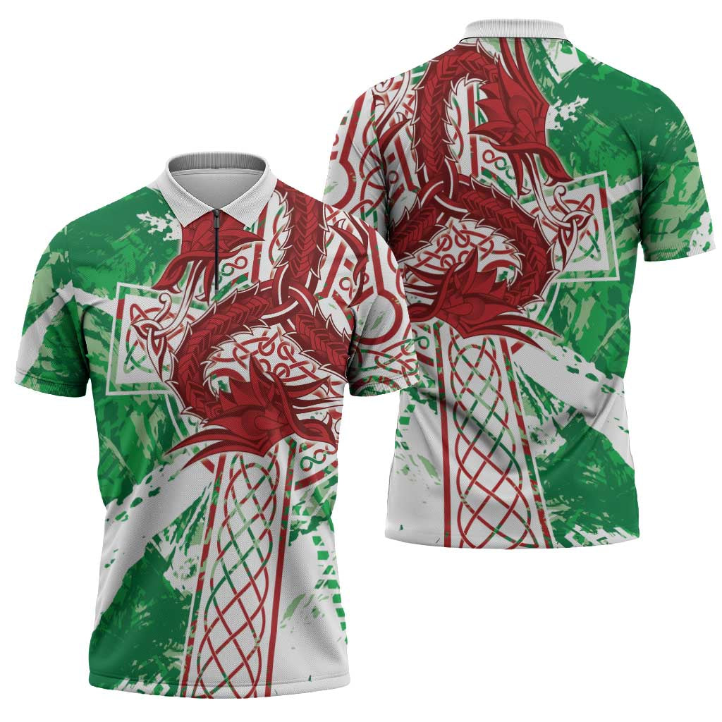Wales Cymru Am Byth Zipper Polo Shirt Celtic Dragon Triskelion - Wonder Print Shop