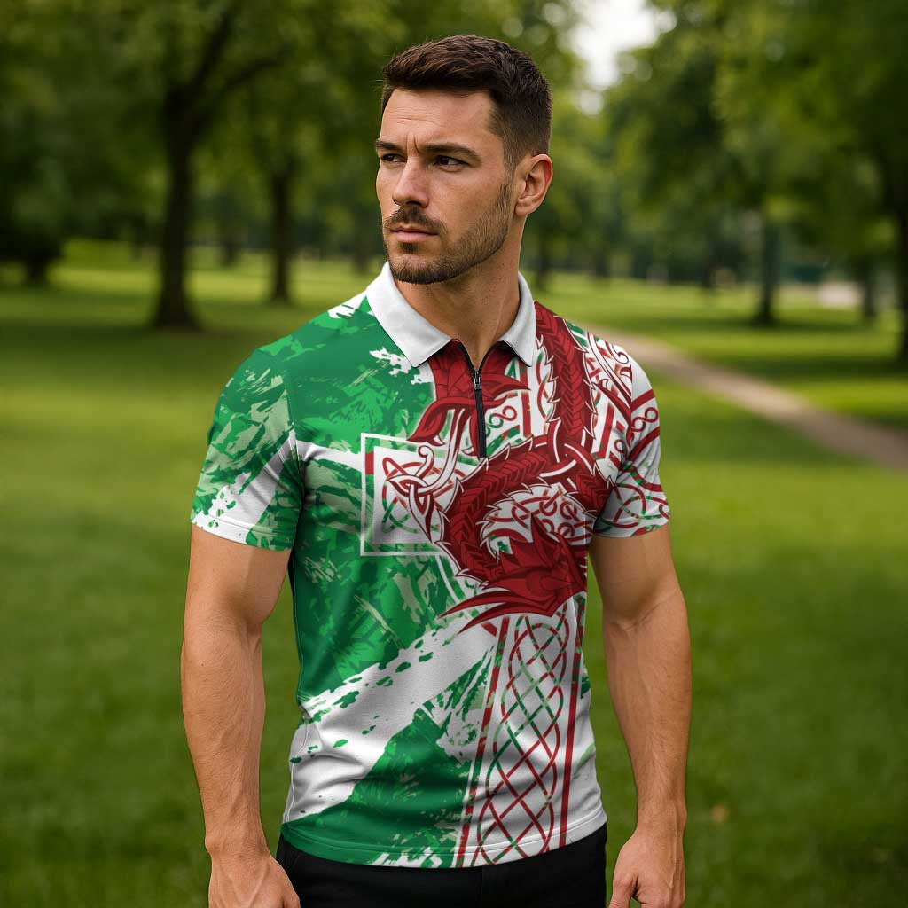 Wales Cymru Am Byth Zipper Polo Shirt Celtic Dragon Triskelion - Wonder Print Shop